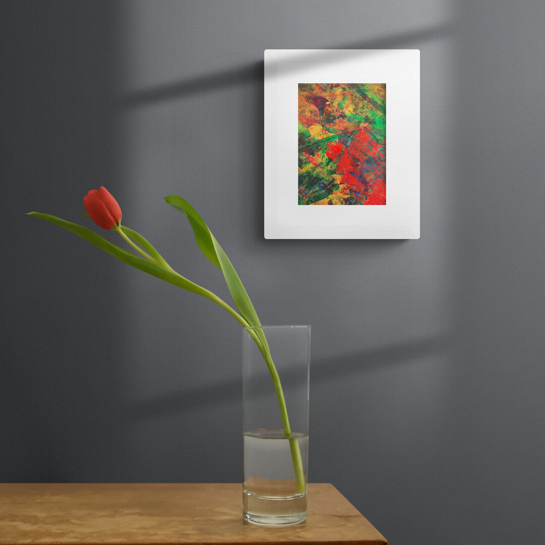 Forever Gift series painting with white 3D frame, bold colors, and gold details