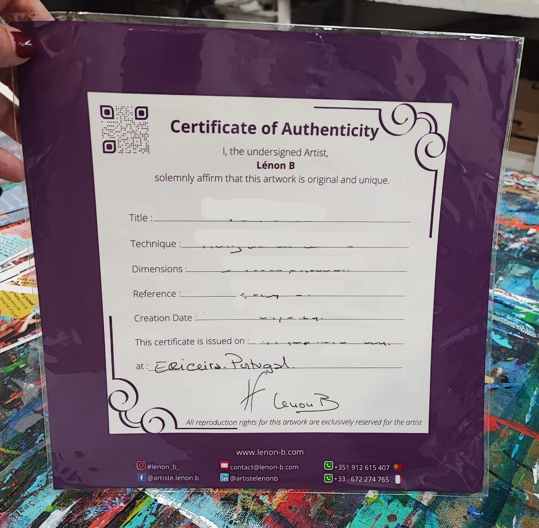 Artist Lenon B's authenticity certificate for certified original artworks