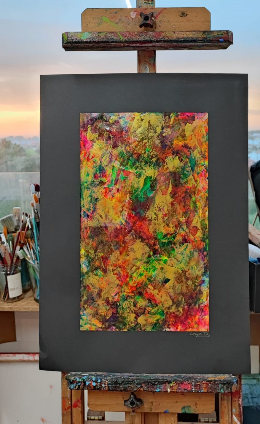 Euphoria by Lénon B, a modern abstract artwork bursting with red, green, and gold hues.