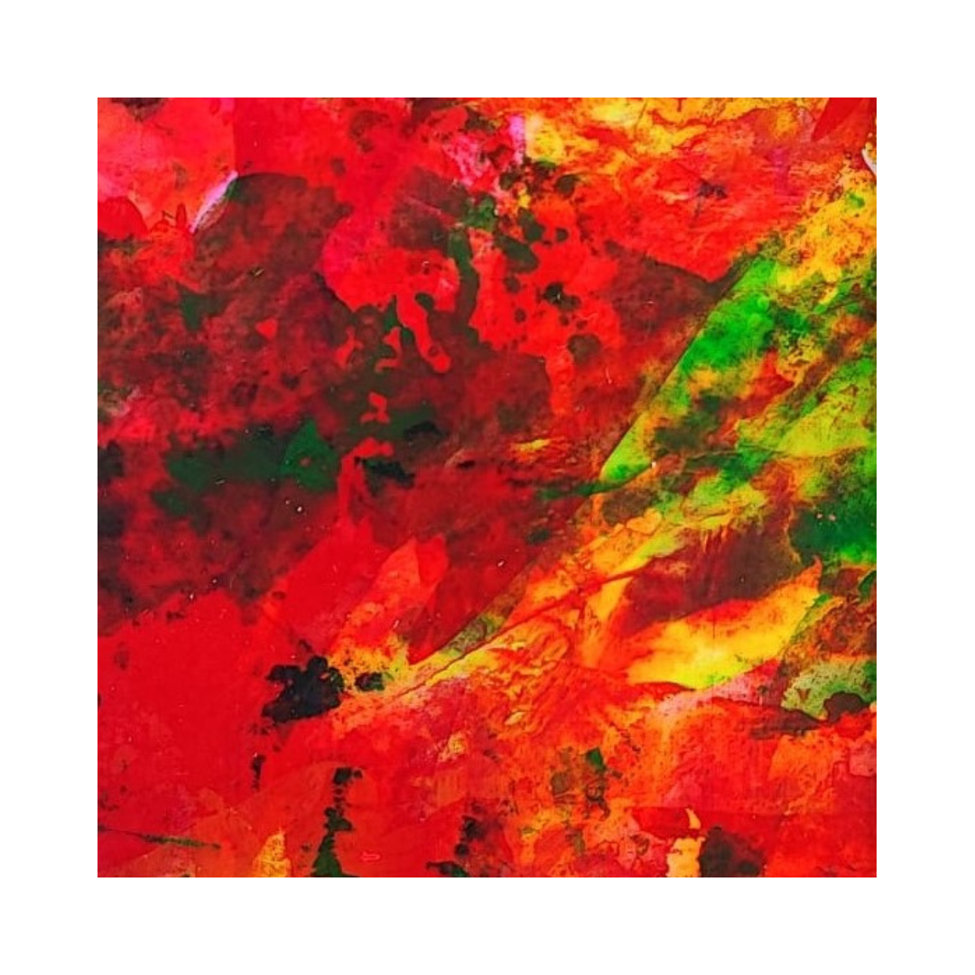 Abstract acrylic painting by Lenon B with red, orange, and yellow hues, evoking energy and warmth