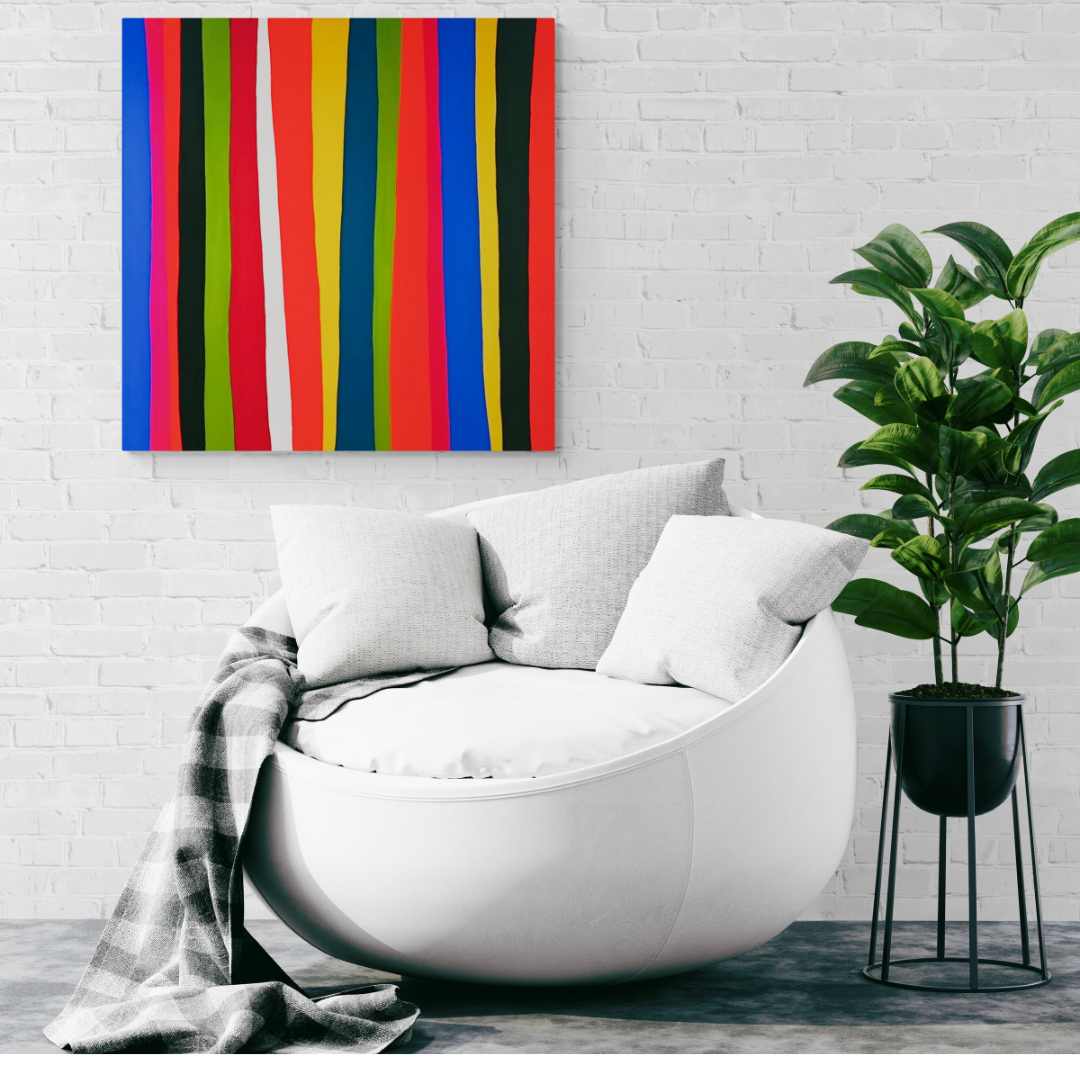 n abstract art piece, "VERTICAL," filled with vibrant colors and stripes.