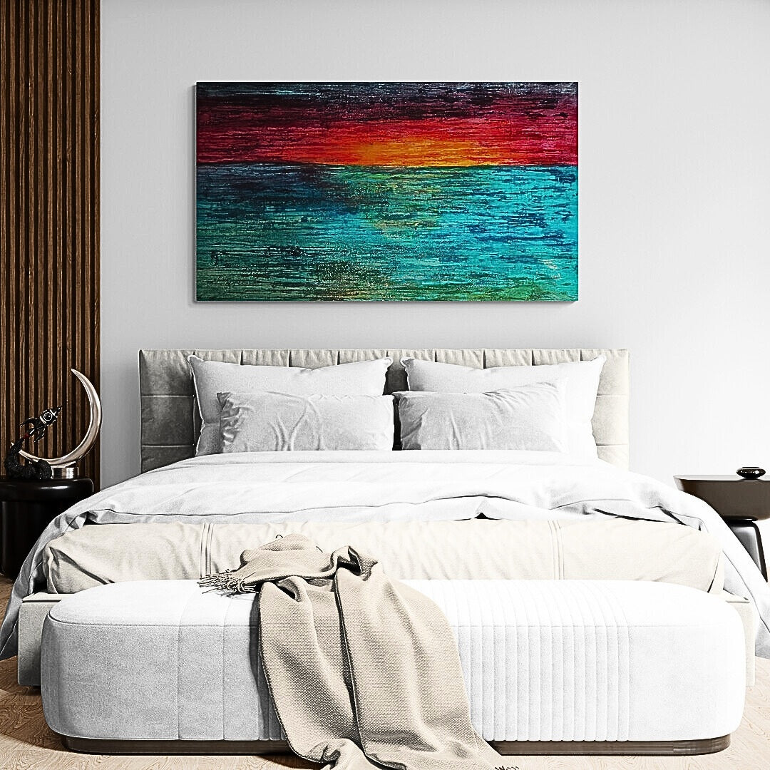 A glimpse of the ocean and sky meeting in perfect harmony in the 'Golden Hour' acrylic painting by Lenon B, capturing a serene moment