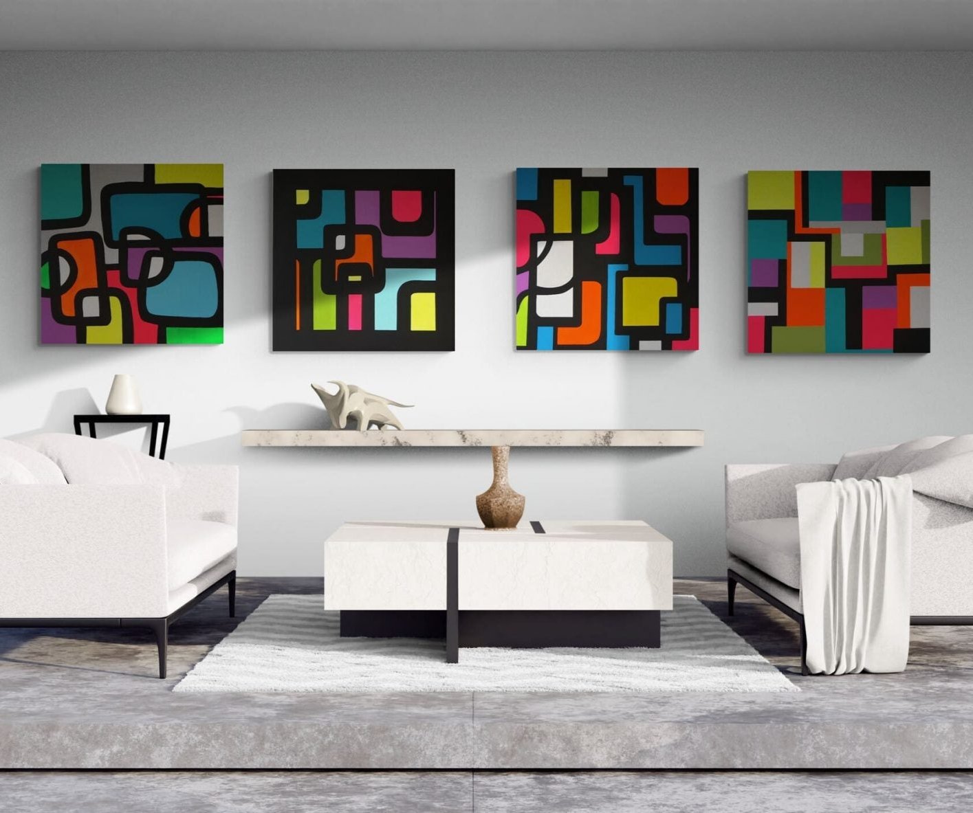 Bold rectangular shapes in an XXL pop art painting inspired by Tetris, created by Lenon B.