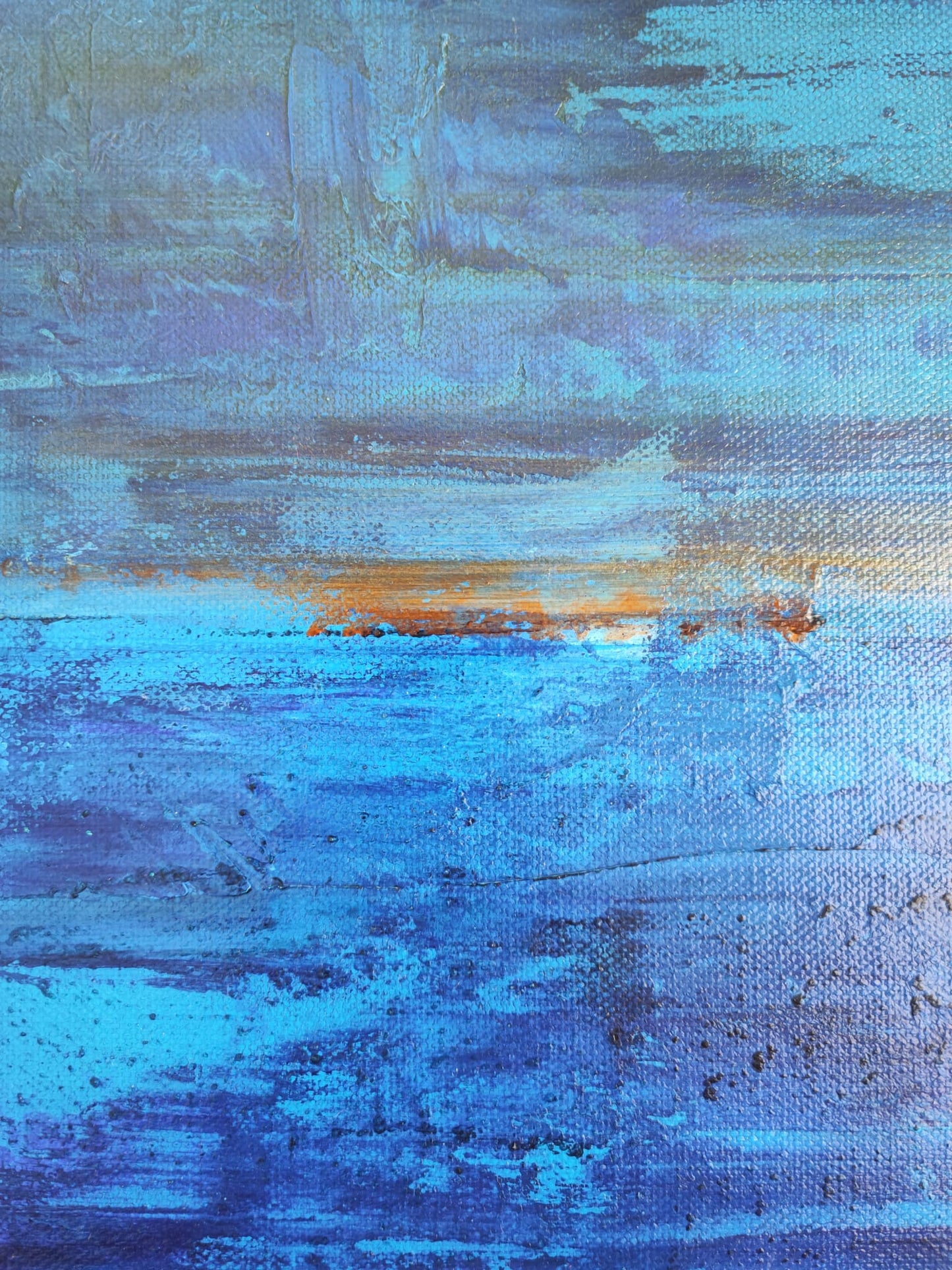 "Dusk Reflections" from the Infinite Blue Collection by Lenon B, an acrylic painting featuring tranquil blue hues and sunset glows.