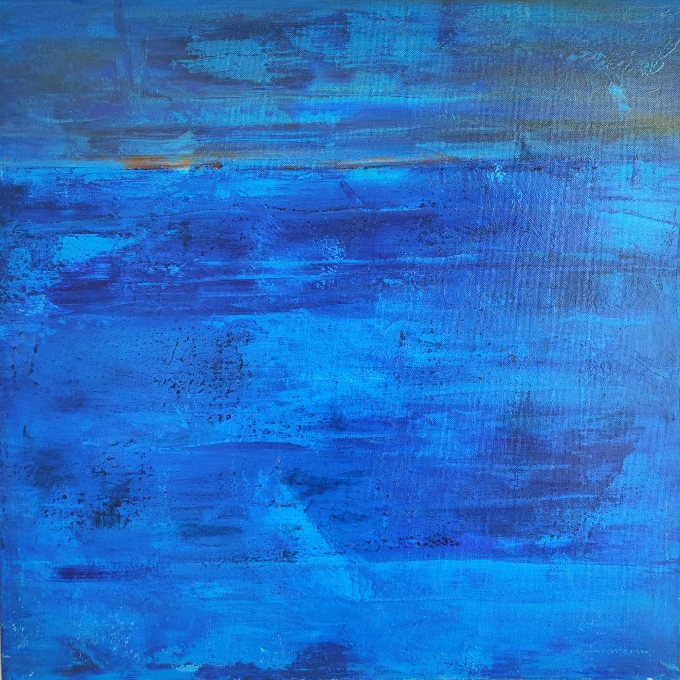 Lenon B's "Dusk Reflections," a 40x40 cm abstract canvas featuring serene blue hues with soft sunset highlights.