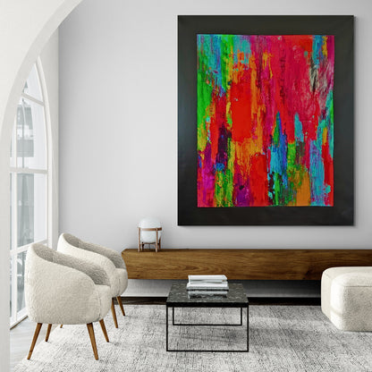 The large "Energy" painting by Lenon B stands out with its black background and vibrant details.