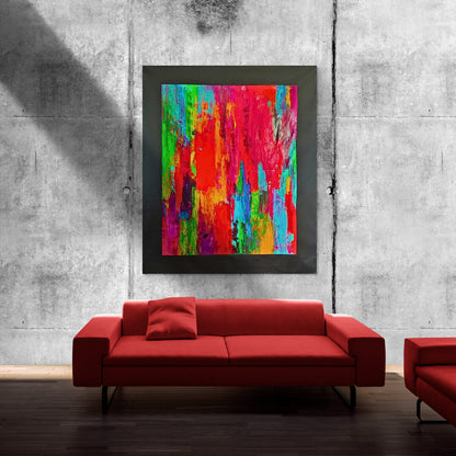 Layered bright colors creating depth in the "Energy" painting by Lenon B.

