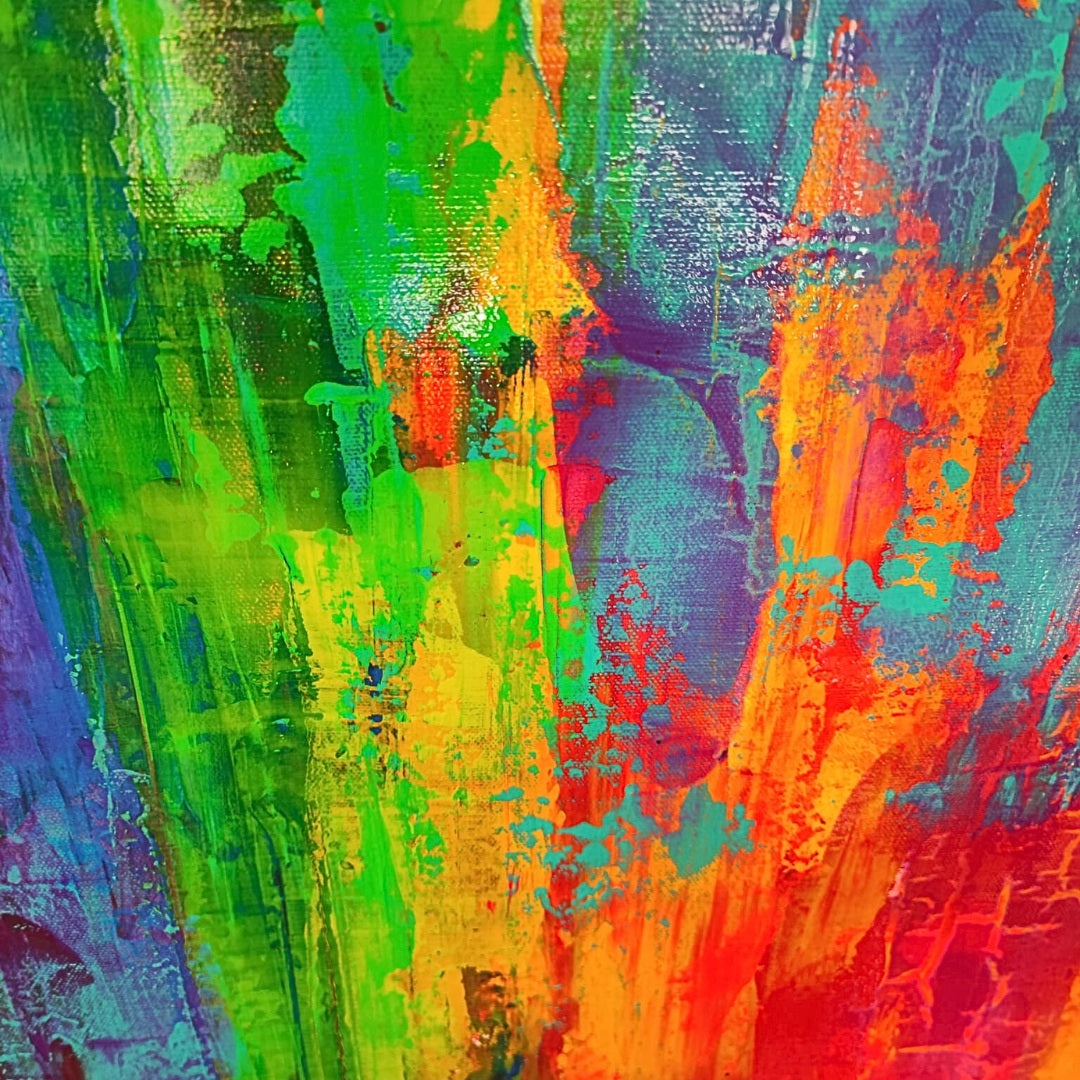 Close-up of the multi-layered textures in Lenon B's abstract painting "Energy."