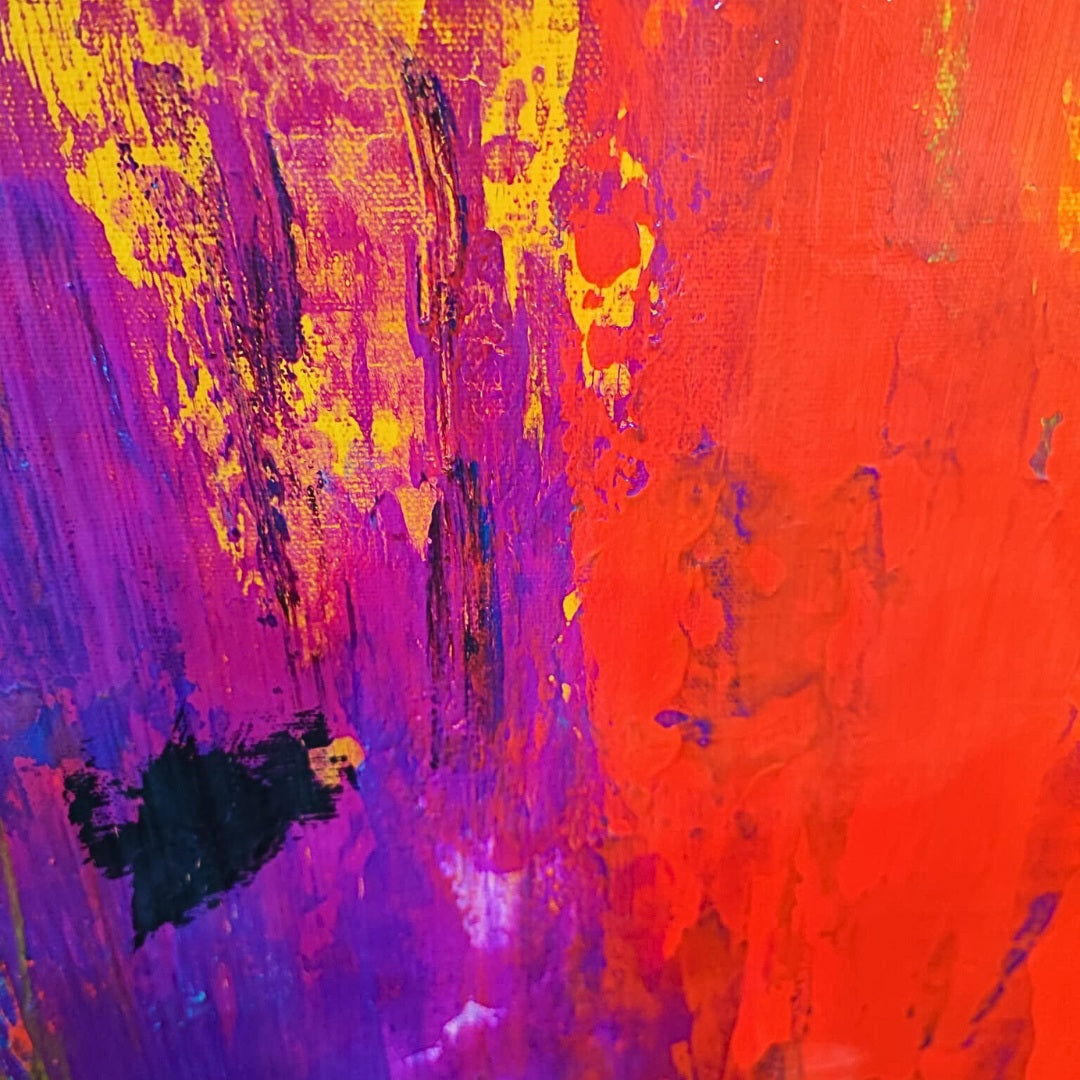 A vibrant abstract painting titled "Energy" by Lenon B, featuring an explosion of passionate reds, warm oranges, and sunny yellows on a black background.