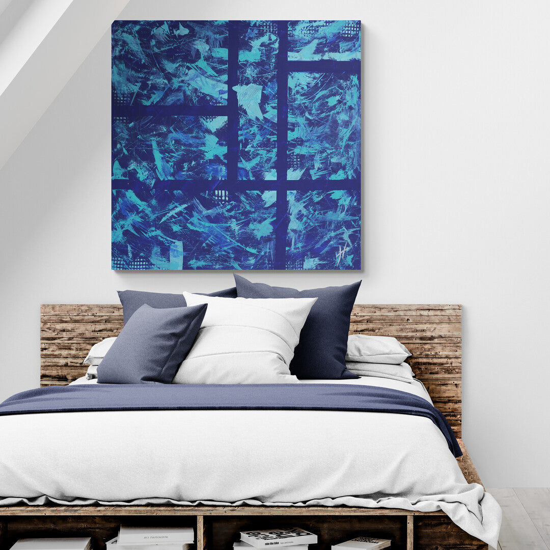 Serene painting "Forêt Bleue" by Lenon B, featuring swirling blue leaves.