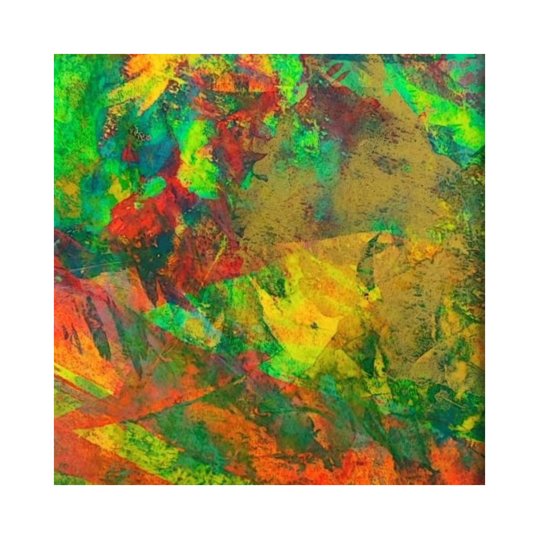 Abstract painting "Forever Gift" with vibrant tones of green, yellow, and red.