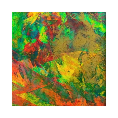 Abstract painting "Forever Gift" with vibrant tones of green, yellow, and red.