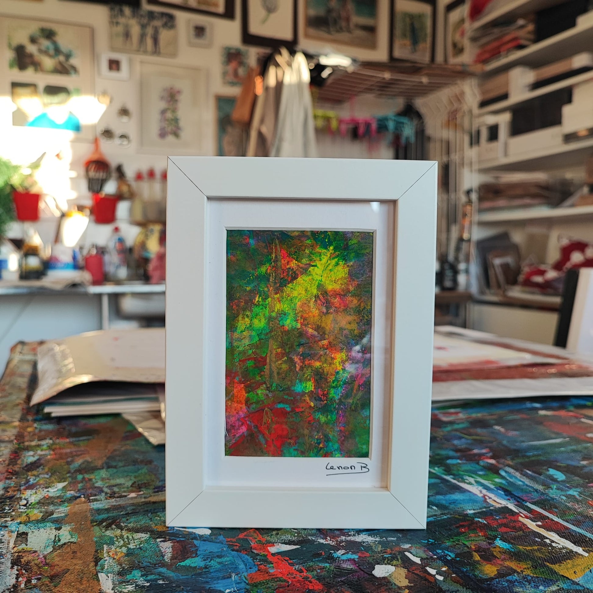 Unique acrylic abstract painting in white 3D frame, ready to hang