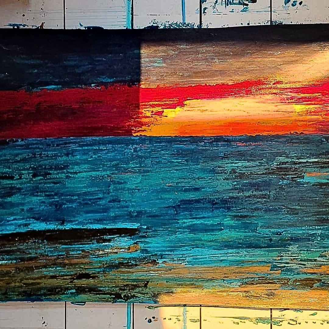 The emotional effect of the sunset portrayed in 'Golden Hour' by Lenon B through rich colors and abstract layers of acrylic.