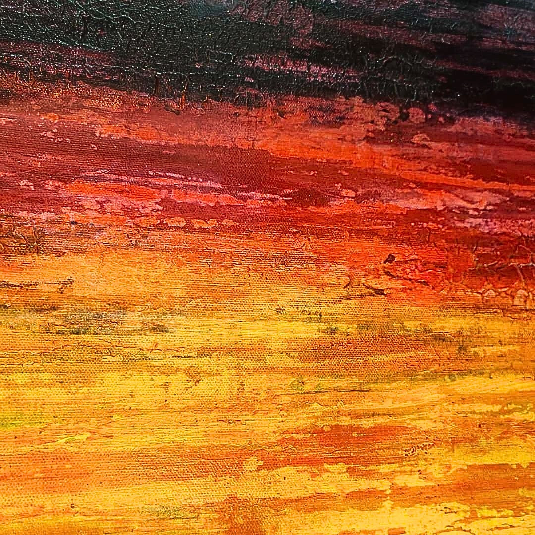 Detail of the brushwork in the 'Golden Hour' painting by Lenon B, capturing the feeling of a sunset through abstract forms.