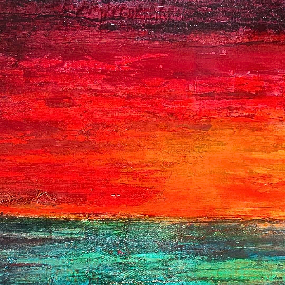 Details of the vibrant sunset in 'Golden Hour' by Lenon B, with shades of red and gold merging beautifully in the composition.