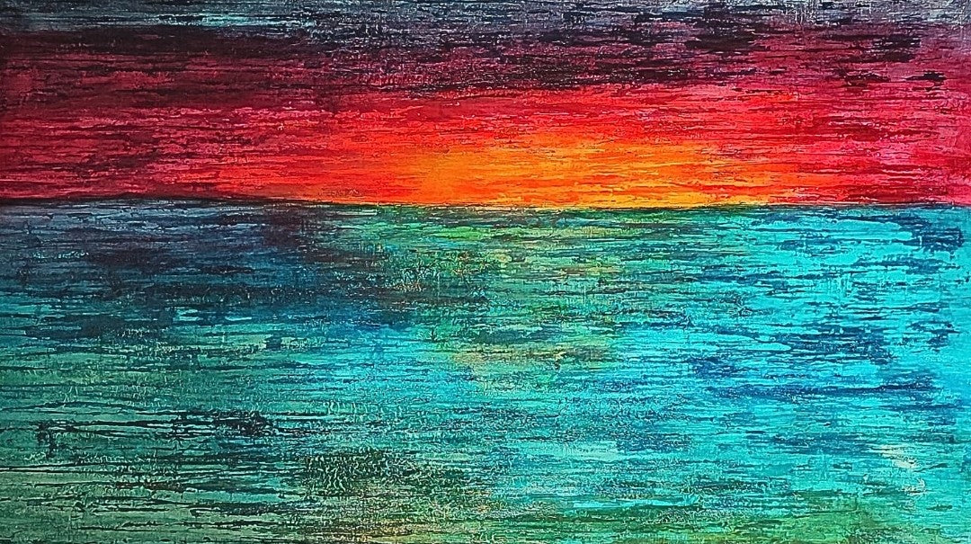 A detailed view of the sunset-inspired composition in 'Golden Hour' by Lenon B, with shades of blue, turquoise, and red blending harmoniously.