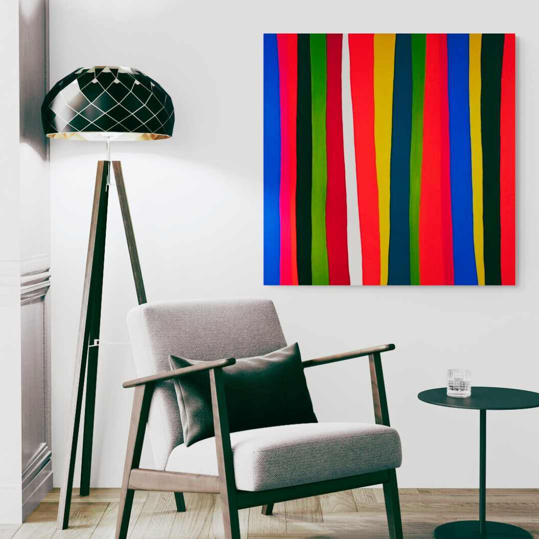 Irregular stripes in "VERTICAL" create a unique and engaging composition.