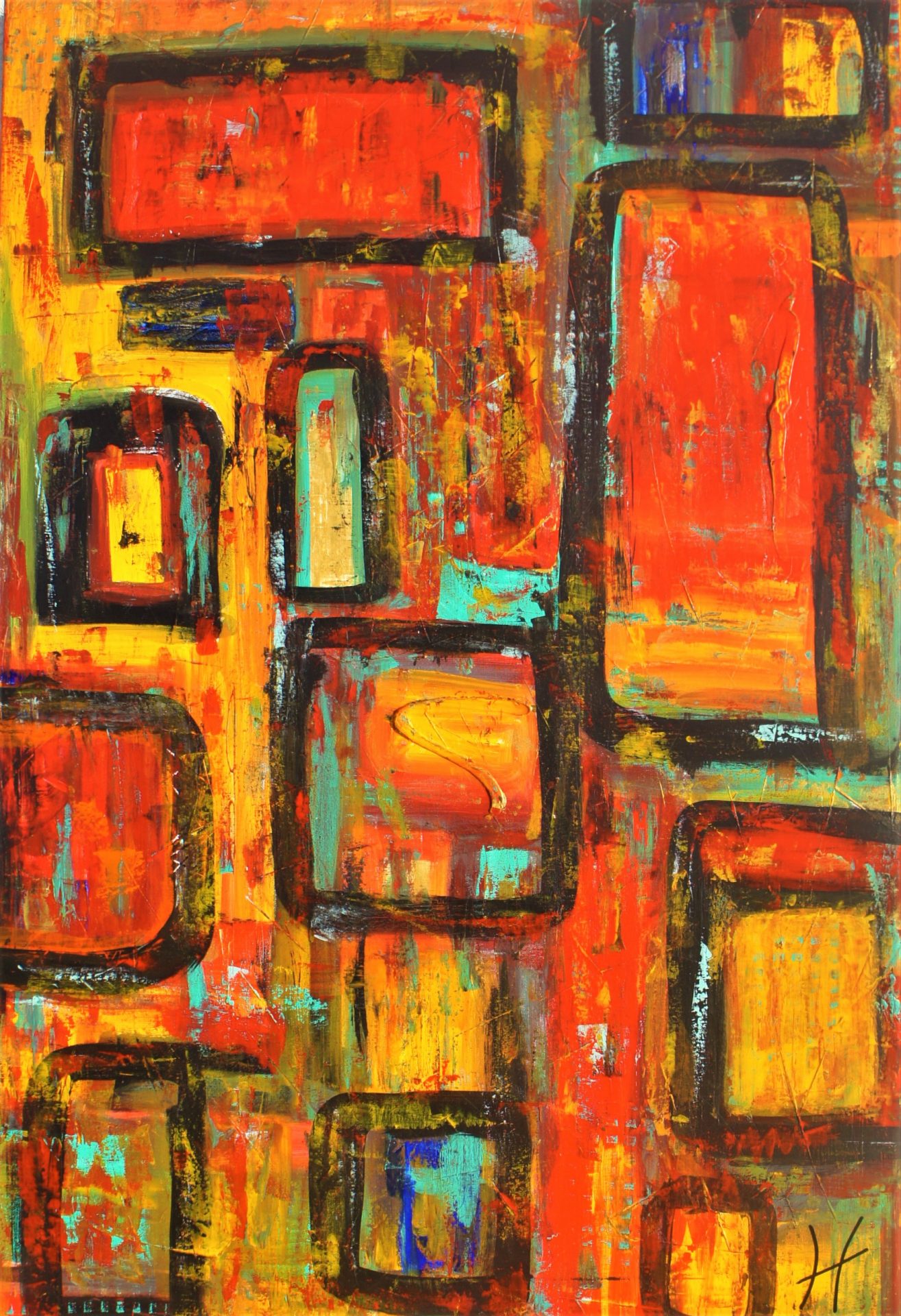 Acrylic painting "Joachim" by Lenon B with vibrant colors and bold geometric forms.