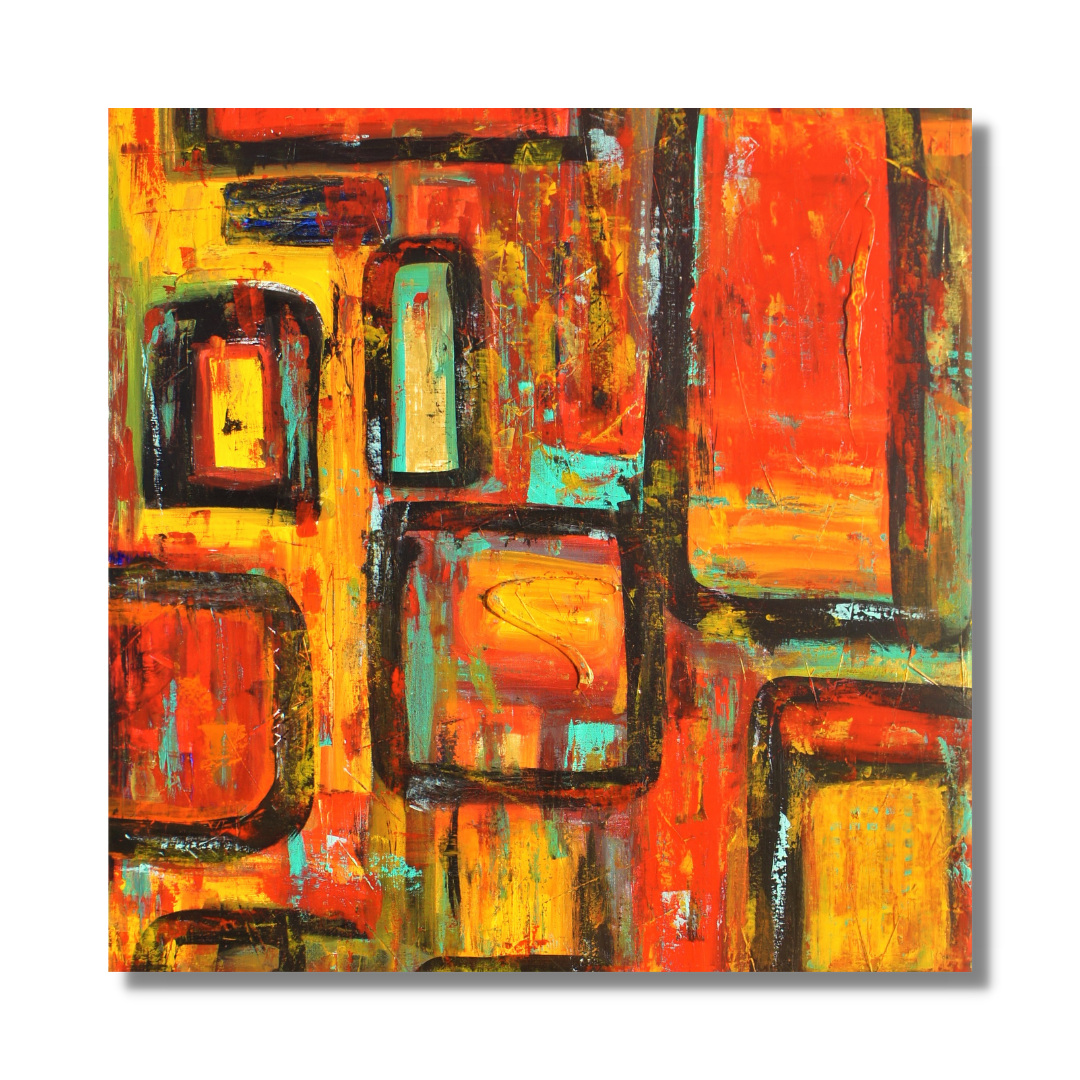 Abstract painting "Joachim" by Lenon B, featuring vibrant colors and geometric shapes symbolizing resilience.