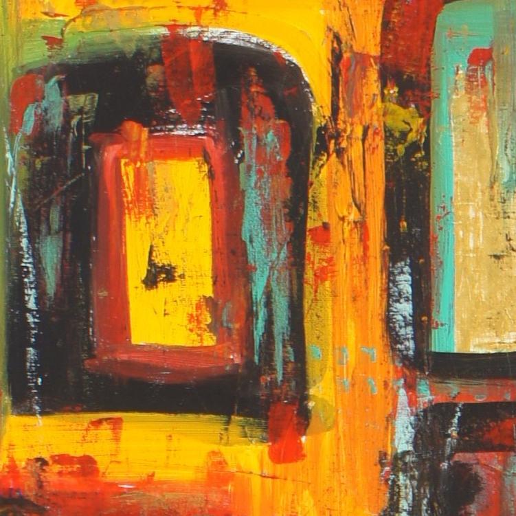 Close-up of vibrant yellow, orange, and red hues in "Joachim" by Lenon B, representing transformation.