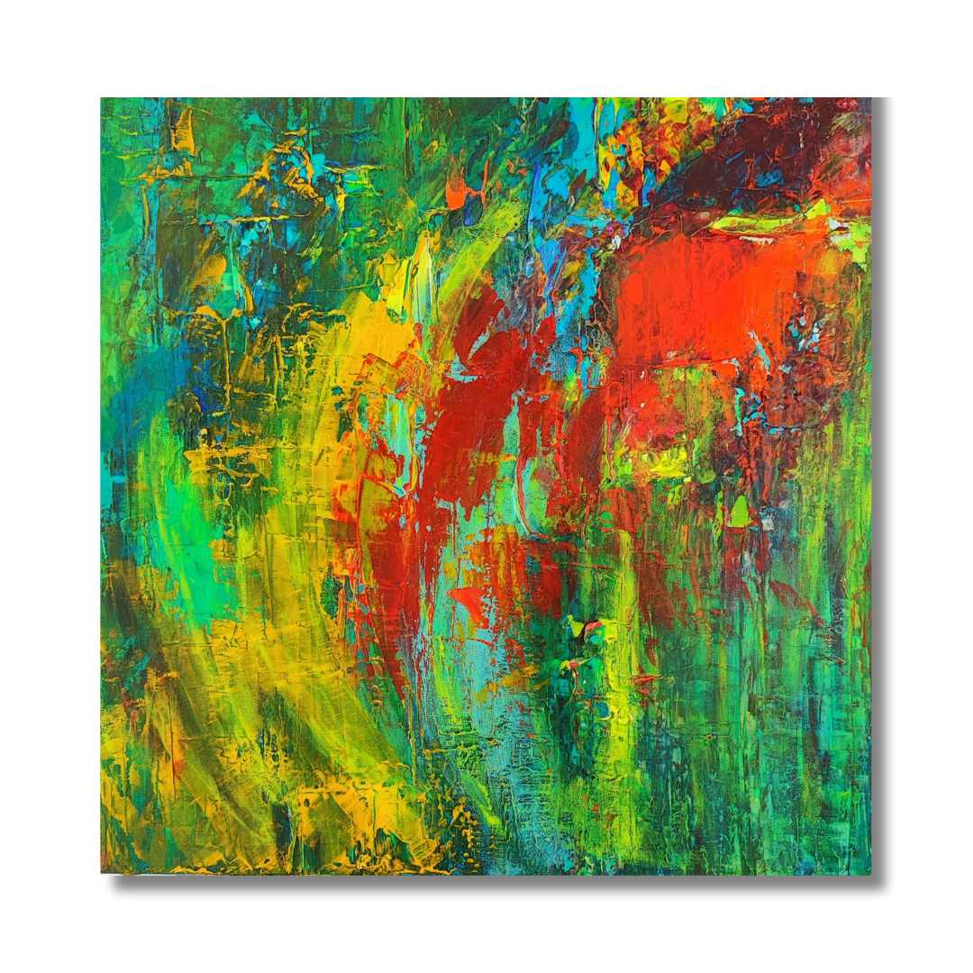 Abstract painting "Joy" by Lenon B, featuring vibrant green, red, yellow, and blue hues.