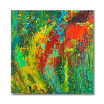 Abstract painting "Joy" by Lenon B, featuring vibrant green, red, yellow, and blue hues.