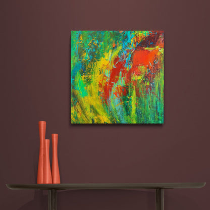 trong contrast of green and red hues in the artwork "Joy" by Lenon B.