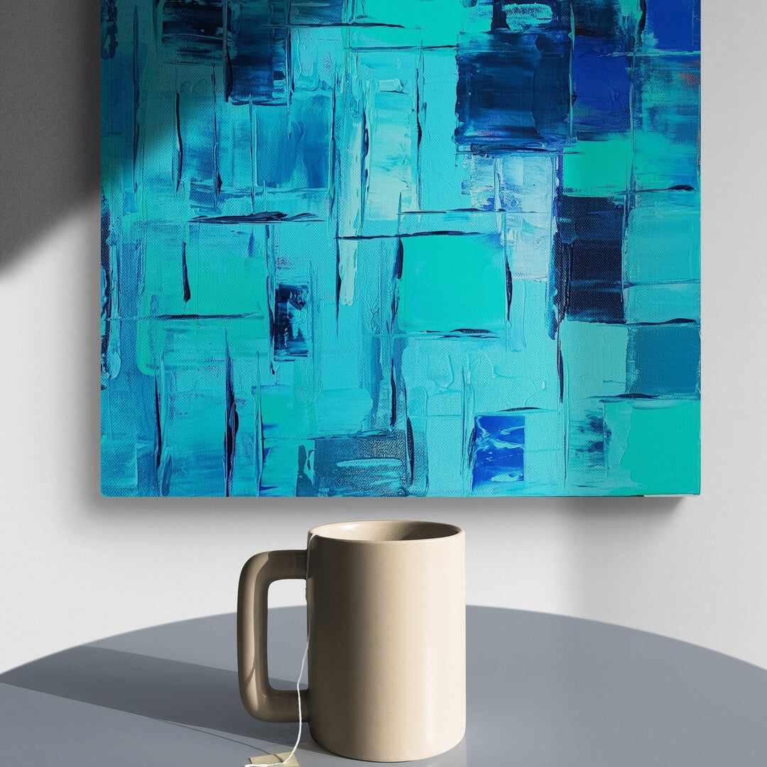 Lenon B's "Kaléidoscope Azur" is an abstract artwork featuring a kaleidoscope of blue shades.