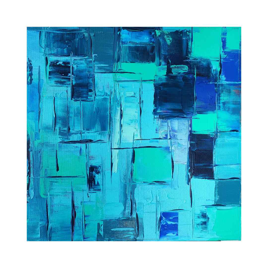 "Kaléidoscope Azur" by Lenon B, an abstract blue-toned painting exploring various shades of blue.