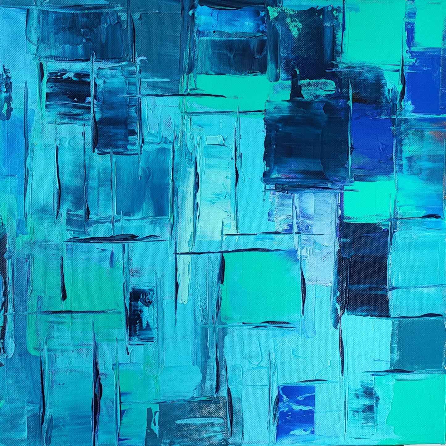 Explore shades of blue in "Kaléidoscope Azur," a tranquil abstract painting by Lenon B.