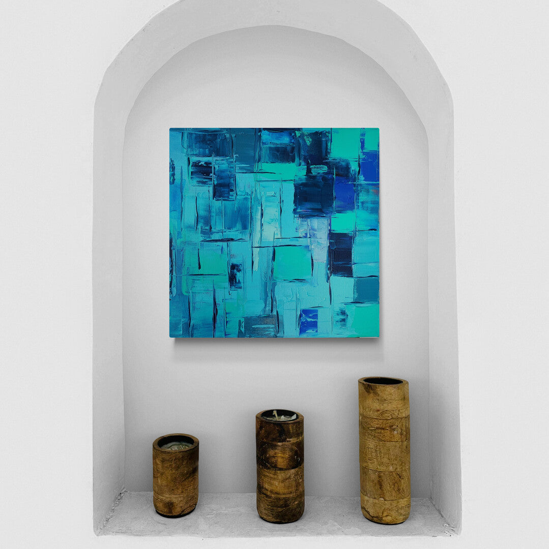 Small abstract artwork "Kaléidoscope Azur" by Lenon B, focusing on various shades of blue.