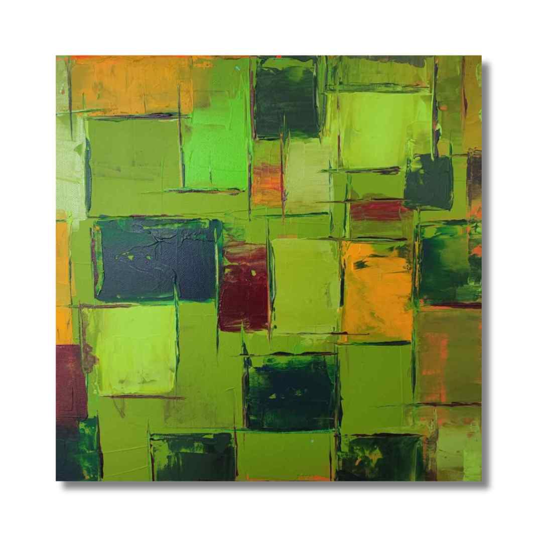 "Kaléidoscope Oasis" by Lenon B, a peaceful abstract painting in green tones.