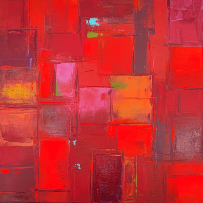  Passionate abstract painting "Kaléidoscope Scarlett" by Lenon B, expressing warm energy.