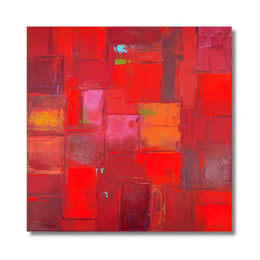 "Kaléidoscope Scarlett" by Lenon B, a fiery abstract painting in red and orange tones.