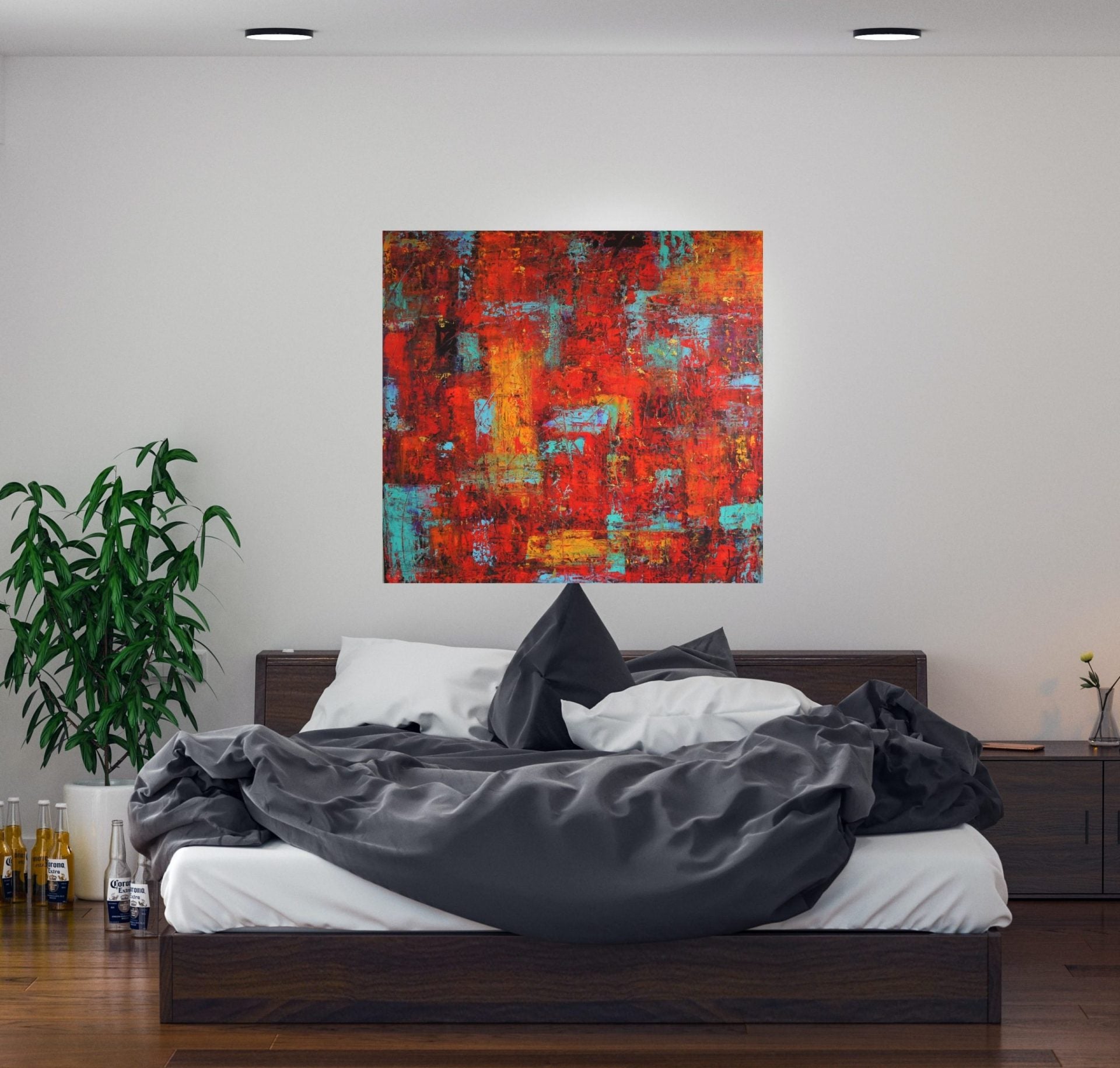 100 cm x 100 cm acrylic painting "Kilt" by Lenon B, featuring deep reds and oranges.