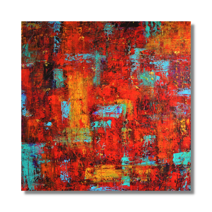 "Kilt" by Lenon B, an XL abstract painting with deep reds and interwoven lines.