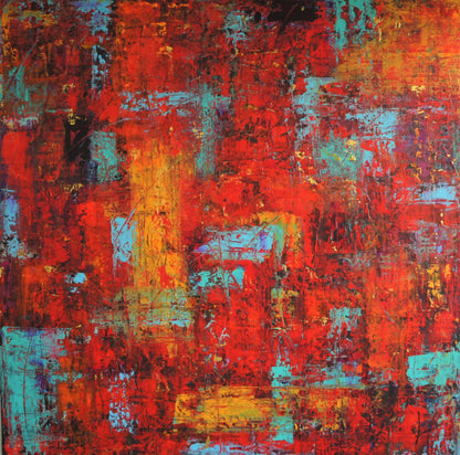 Contemporary abstract art "Kilt" by Lenon B, featuring deep reds and linear patterns.