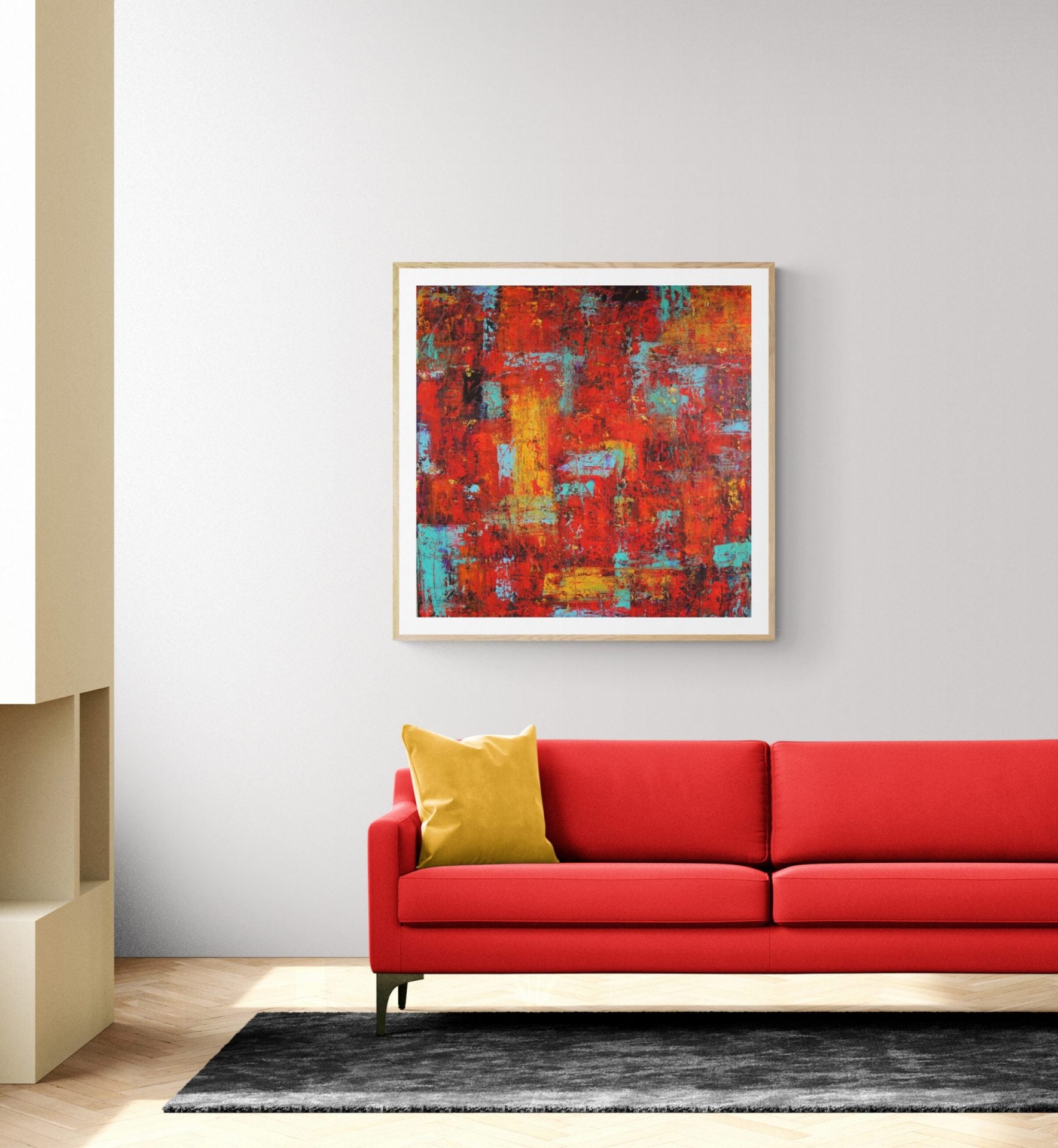 Abstract art "Kilt" by Lenon B, featuring a palette of reds and intersecting lines.