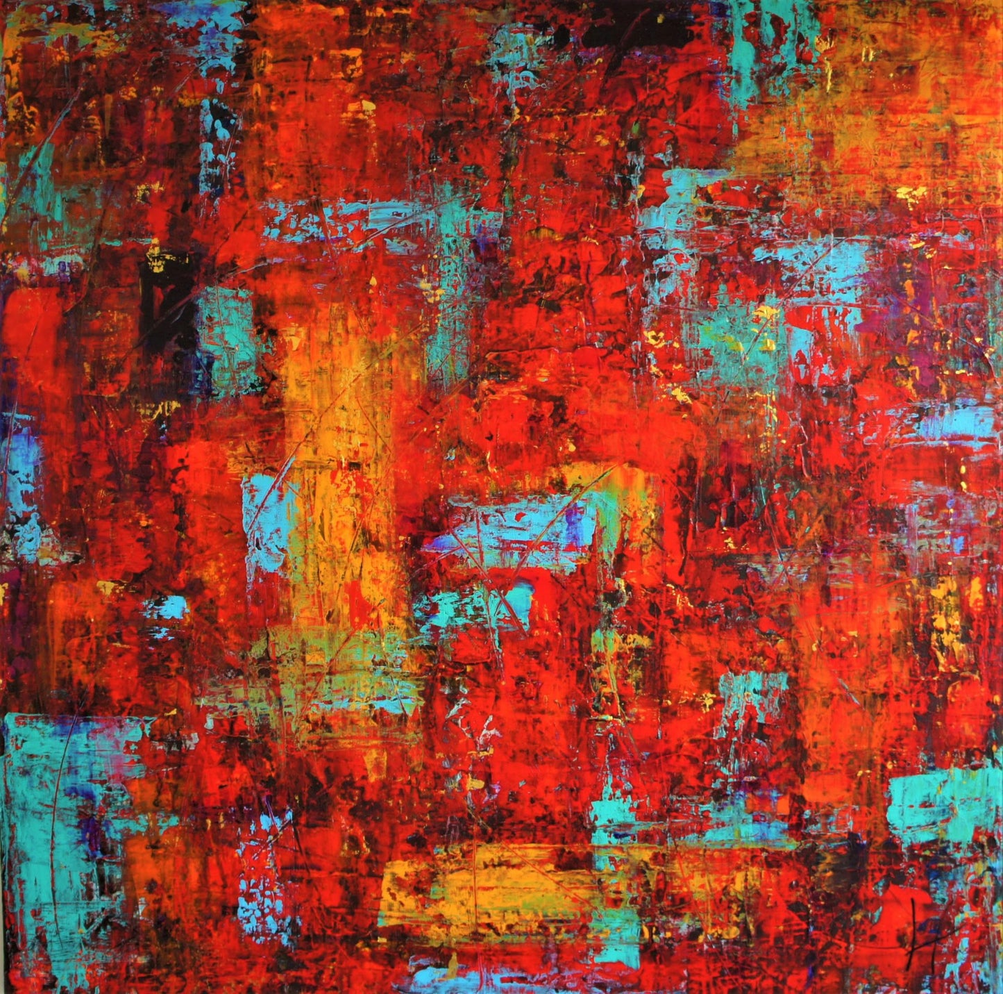 "Kilt" by Lenon B, an emotional abstract painting with deep reds and crisscrossing lines.