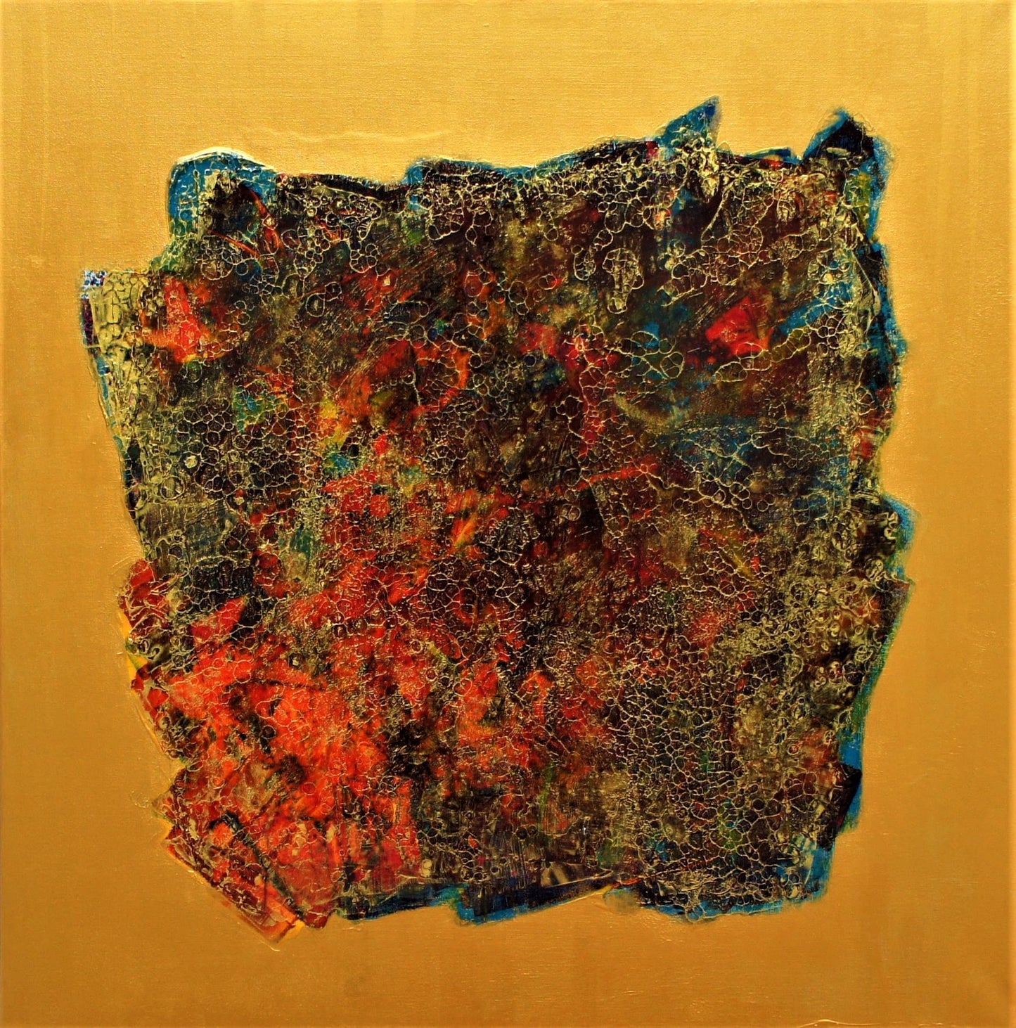  Acrylic painting "Kintsugi" by Lenon B, showcasing golden cracks and a glossy resin surface.