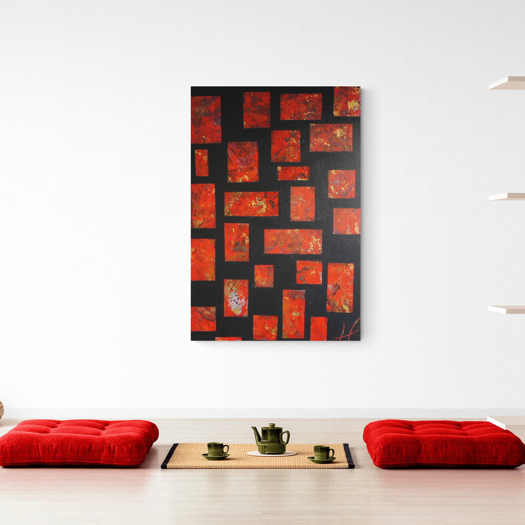 120 cm x 80 cm abstract painting "Kyoto" by Lenon B, inspired by the fires of Kyoto.