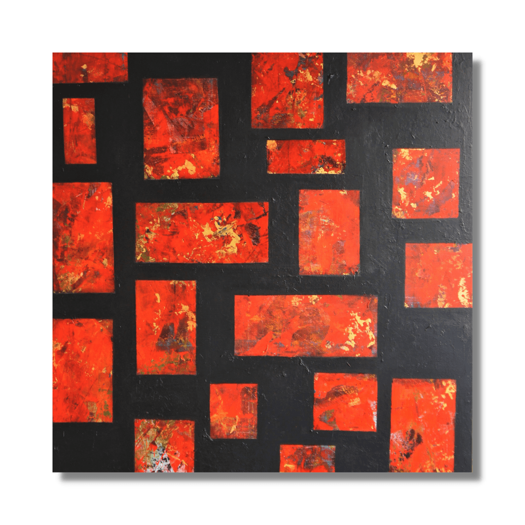  "Kyoto" by Lenon B, an abstract artwork featuring fiery red and gold windows.