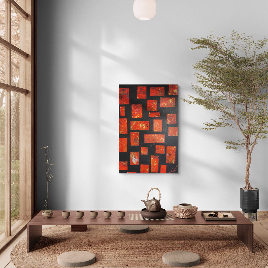 Dynamic composition "Kyoto" by Lenon B, featuring vibrant red and gold elements.