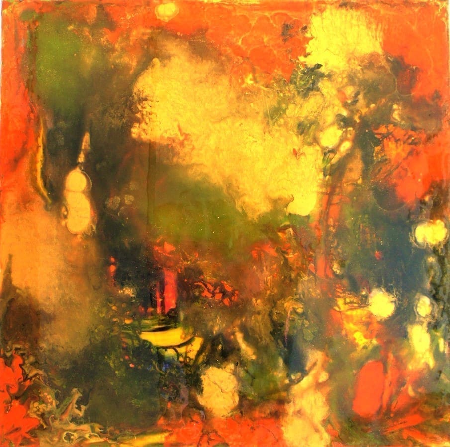 A large-format canvas titled "Unakite" featuring golden, orange, and green hues.