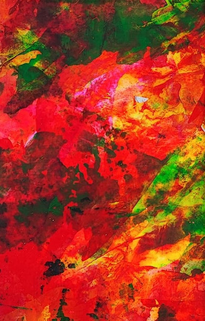 Vibrant abstract art by Lenon B with bold yellow and red tones, encapsulating movement and energy