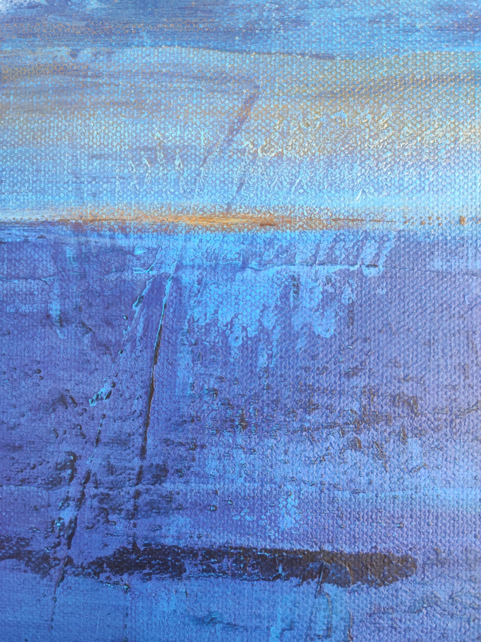 "Distant Silhouettes" by Lenon B, a 40x40 cm acrylic artwork depicting abstract blue seas and distant ships on the horizon.