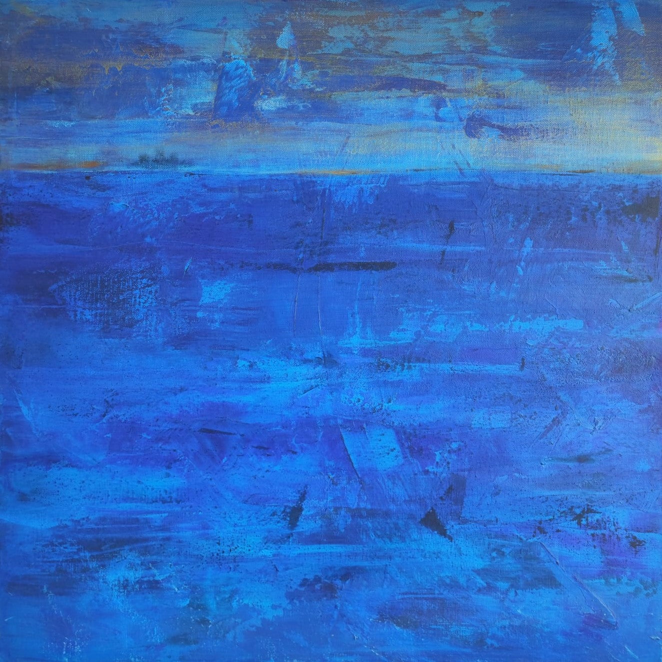 "Distant Silhouettes" by Lenon B, an abstract seascape with blue tones and distant ship forms evoking calm and mystery.