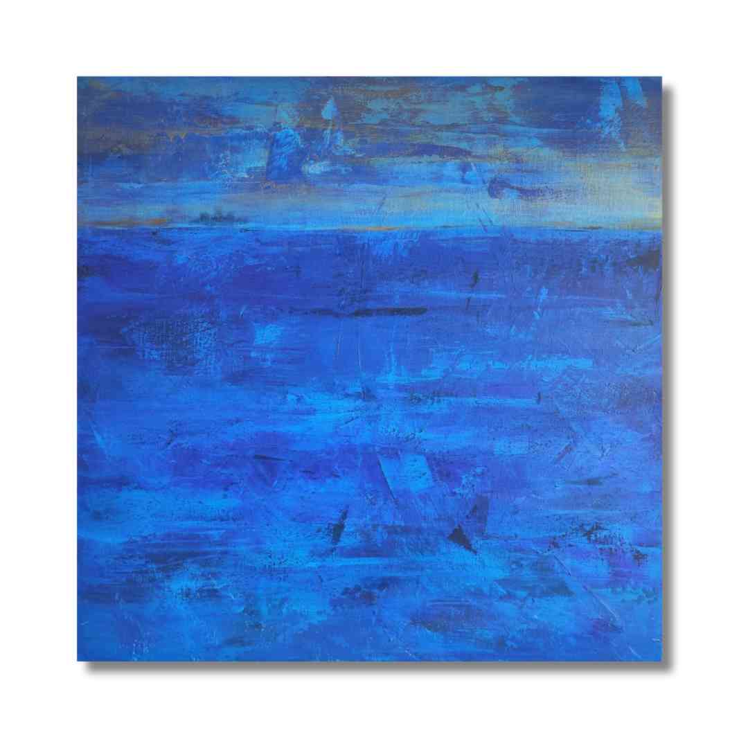 "Distant Silhouettes" by Lenon B, an abstract acrylic painting capturing deep blue hues and distant ship forms on the horizon.