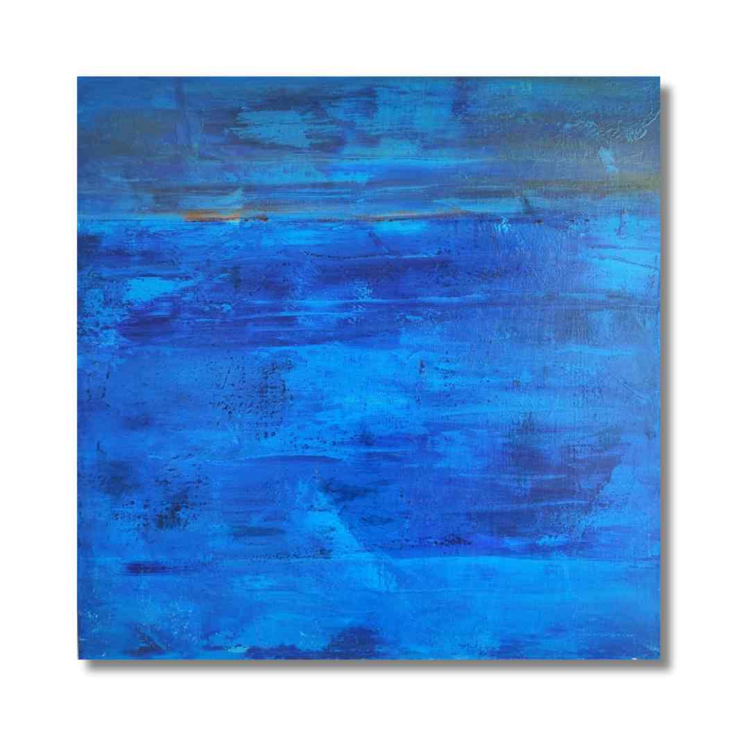 "Dusk Reflections" by Lenon B, an acrylic painting capturing deep blue tones with subtle sunset reflections on water.